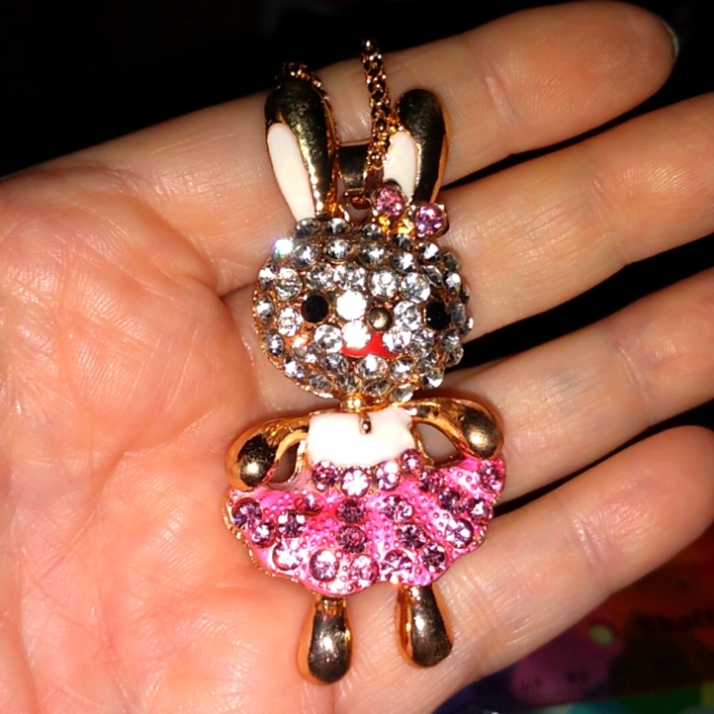 Pink and White Crystal Bunny Pendant Necklace